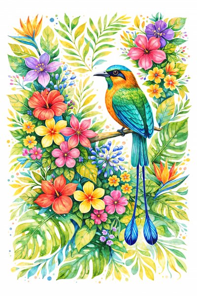 Motmot au milieu des fleurs tropicales - Natalie Bruns
