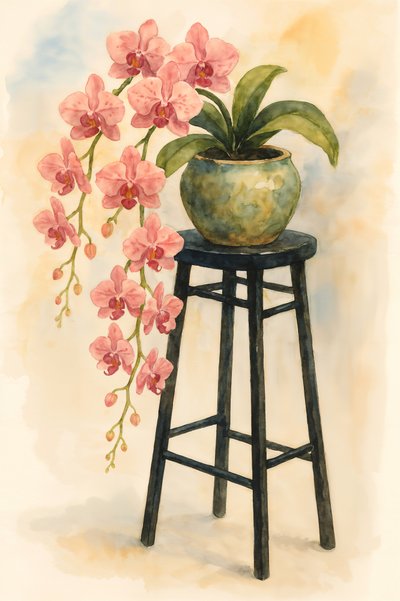 Orchidée rose sur un tabouret - Natalie Bruns