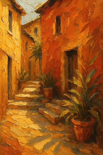 Les marches du village ensoleillé - Natalie Bruns