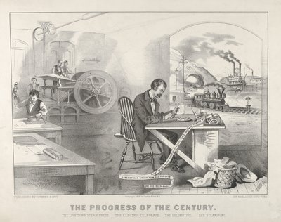 Le progrès du siècle - La presse à vapeur éclair. Le télégraphe électrique. La locomotive - Currier and Ives