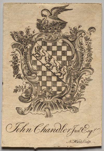 Ex-libris : Armoiries avec inscription de John Chandler Jun.r, Esq. - Nathaniel Hurd