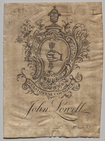 Ex-libris : Armoiries avec inscription John Lowell - Nathaniel Hurd