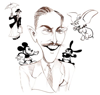 Walt Disney, producteur de films américain, magnat des affaires, dessinateur et animateur; caricaturé avec Mary Poppins - Neale Osborne