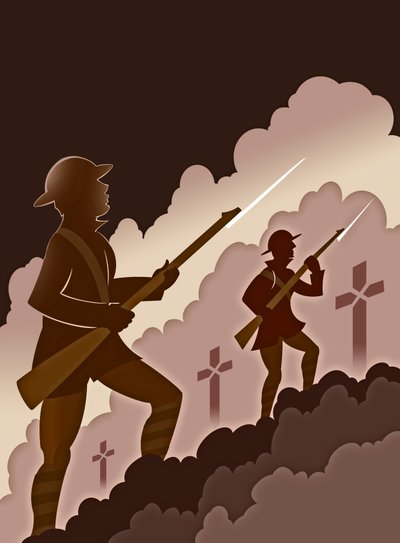 Soldats de la Première Guerre mondiale avec baïonnettes - sortant des tranchées - Neale Osborne