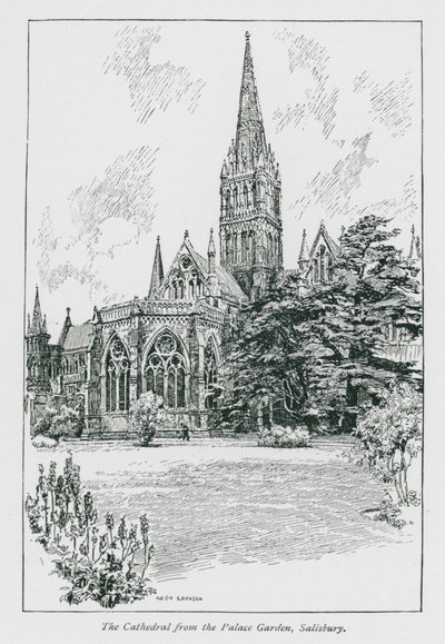 La cathédrale depuis le jardin du palais, Salisbury (lithographie) - Nelly Erichsen