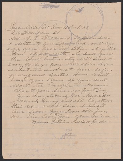 Lettre de Nelson Jordan à Julia Womack avec une enveloppe, 16 novembre 1909 - Nelson Jordan
