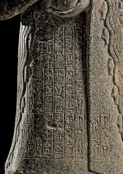 Art sumérien : Détail de la statue de Gudea, prince de Lagash appelé "avec le vase jaillissant" et dédié à la déesse Geshtinanna - Sculpture en dolérite de Tello (Girsu en Mésopotamie), vers 2120 av. J.-C. Hauteur : 62 cm, Largeur : 25,60 cm - Paris, Musée - Neo Sumerian Neo Sumerian