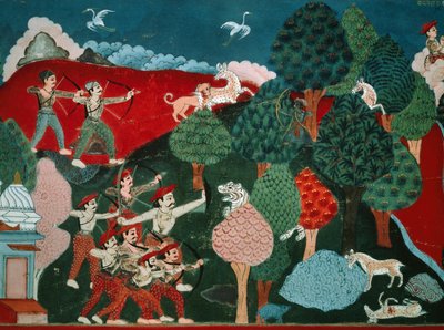 Un roi passant ses journées à tuer de pauvres gazelles sans raison, plus tard, dans une autre vie, il est gazelle et est tué par un chasseur (détail) - Nepalese School