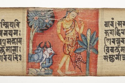 Sudhana voyageant à travers un paysage rocheux avec deux taureaux, du Gandavyuha - Nepalese School