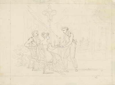 Couple Biedermeier dans un café, serveur servant de la glace - Leopold Blonder