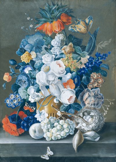 Bouquet de fleurs avec fruits, nid d