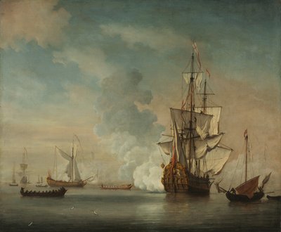 Navire de guerre anglais tirant une salve - Netherlandish School