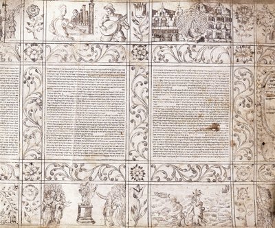 Manuscrit enluminé en écriture séfarade, montrant des scènes de la vie hollandaise et de la Bible avec des cartouches floraux, XVIIe siècle - Netherlandish School