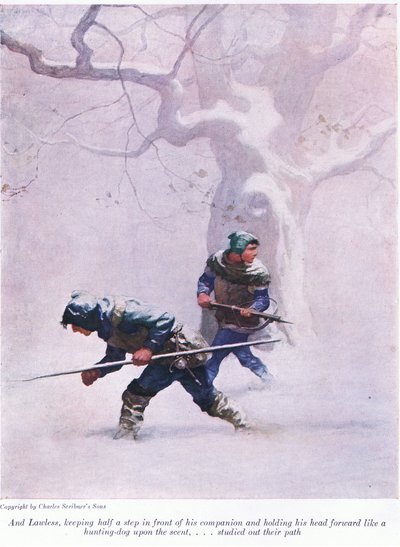 Et Lawless, gardant un demi-pas devant son compagnon et tenant sa tête en avant comme un chien de chasse sur la piste - étudiait son chemin, 1916 - Newell Convers Wyeth