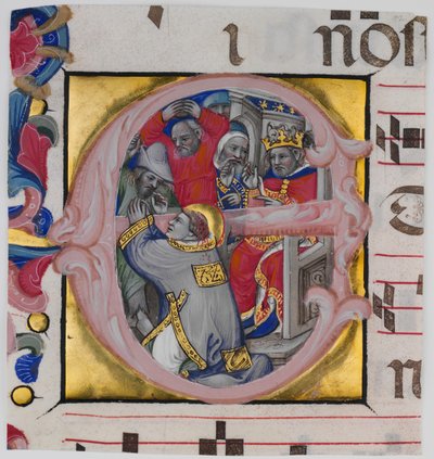 Enluminure de manuscrit avec le martyre de Saint Étienne dans une initiale E..., vers 1394-1402 - Niccolò di Giacomo da Bologna