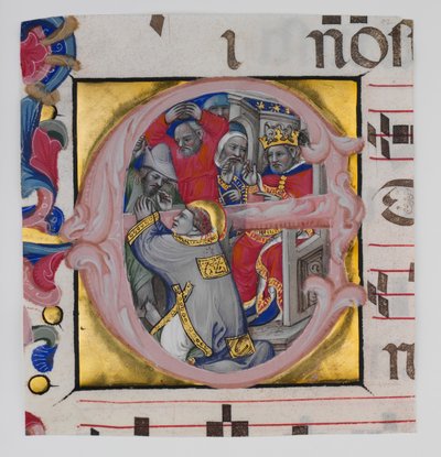 Enluminure de manuscrit avec le martyre de Saint Étienne dans une initiale E - Niccolò di Giacomo da Bologna