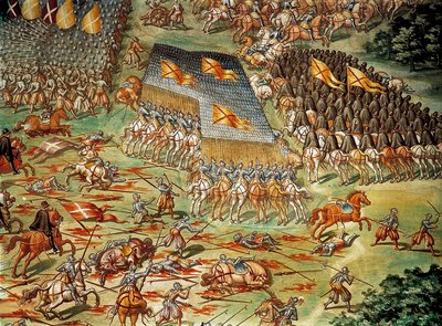 La bataille de Saint-Quentin, victoire des Espagnols sur les Français en 1557, détail avec attaque de cavalerie - Niccolo (and workshop) Granello