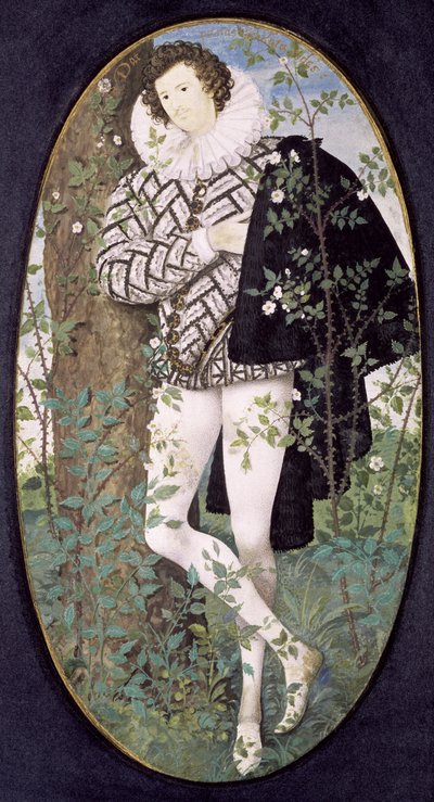 Un jeune homme appuyé contre un arbre parmi les roses - Nicholas Hilliard