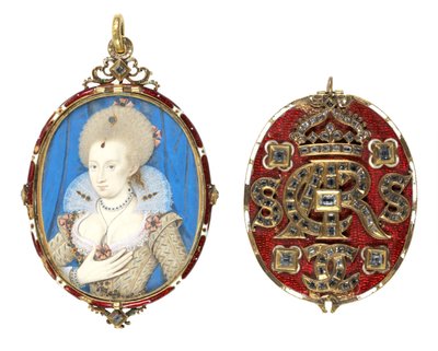 Portrait miniature de la reine Anne de Danemark (1574-1619) avec couverture ornée de bijoux, c.1611 - Nicholas Hilliard