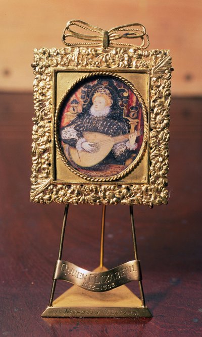 Reine Elizabeth I jouant du luth (miniature avec support en laiton) - Nicholas Hilliard