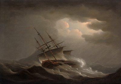 Une frégate inclinée dans une tempête au large - Nicholas Pocock