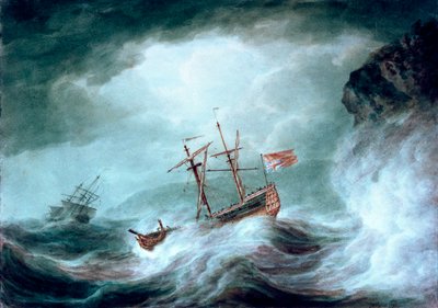 Une tempête, avec un navire ancré en détresse au large d