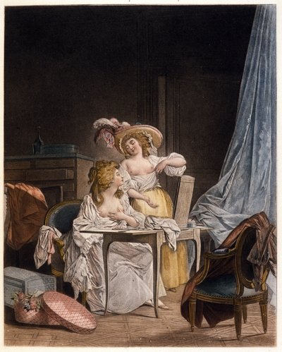 La comparaison. Deux femmes comparent la taille de leur poitrine. Gravure de Nicolas Lavreince (1737-1807), vers 1782 - Niclas II Lafrensen