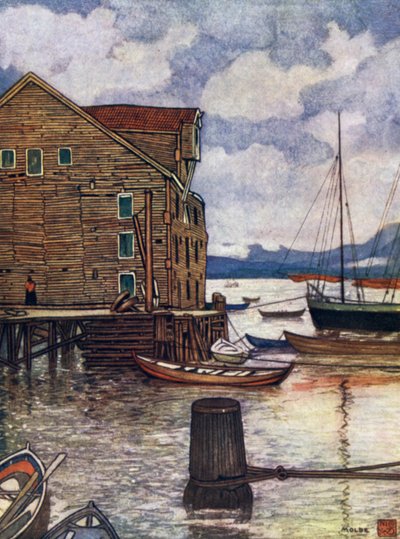 Norvège : Vieux entrepôt et bateaux, Molde (lithographie en couleur) - Nico Jungman