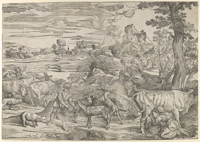 Paysage avec une laitière à droite et un garçon à gauche, vers 1535-40 - Nicolò Boldrini