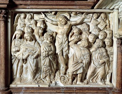 Italie, Toscane, Pise, Piazza dei Miracoli, cathédrale, chaire en marbre, panneau avec Crucifixion par Giovanni Pisano - Nicola Pisano