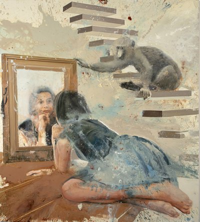 Fille au miroir avec babouin - Nicola Pucci