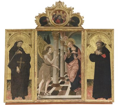 Annonciation entre les saints Jean Gualbert et Benoît, c.1500-05 (triptyque sur panneau) - Nicola de Maestro Antonio