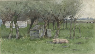 Ferme avec cochon couché - Nicolaas Bastert