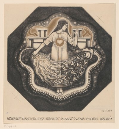 Femme avec cœur et torche sur un serpent cracheur de feu - Nicolaas van de Vecht