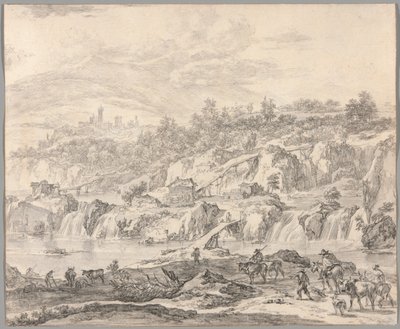 Paysage avec cascades et ponts, paysans au premier plan - Nicolaes Berchem