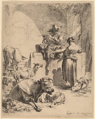 Le berger assis sur une fontaine et la fileuse - Nicolaes Berchem