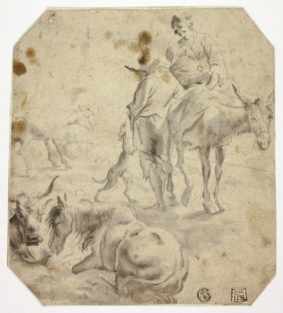 Femme et enfant sur un âne, homme, chiens, chevaux - Nicolaes Berchem