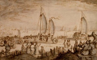 Les yachts terrestres de Prins Maurits de Nassau sur la plage de Scheveningen, vers 1614-15 - Nicolaes Jansz  Visscher