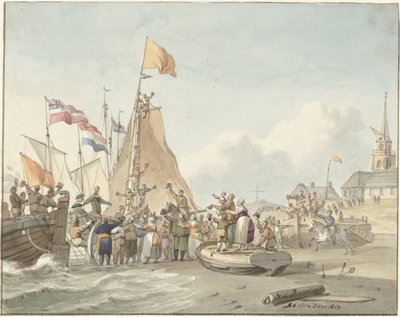 Arrivée du prince Willem Frederik à Scheveningen, 30 novembre 1813 - Nicolaes Lodewick Penning (signed by artist)