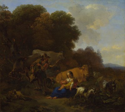 Un paysan jouant de la vielle à roue pour une femme et un enfant, 1658 - Nicolaes Pietersz. Berchem