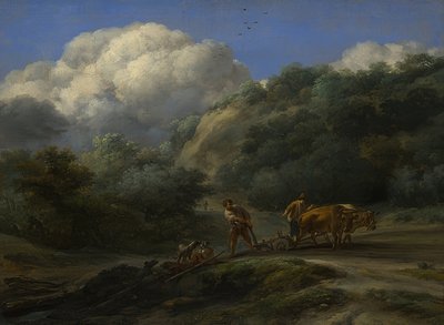 Un homme et un garçon labourant avec des bœufs - Nicolaes Pietersz. Berchem