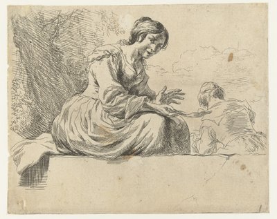 Jeune femme assise sur une pierre (série Moutons, Animalia ad vivum delineata et aqua forti aeri impressa Studio et Arte Nicolai Berchemi) - Nicolaes Pietersz Berchem