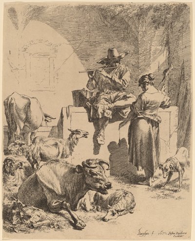 Le berger assis sur une fontaine et la fileuse - Nicolaes Pietersz Berchem