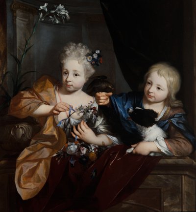 Un jeune garçon et une fille dans un cadre architectural - Nicolaes Verkolje