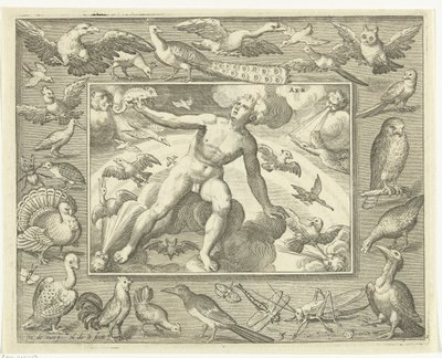 Élément air comme jeune homme sur des nuages entre des oiseaux volants - Nicolaes de Bruyn