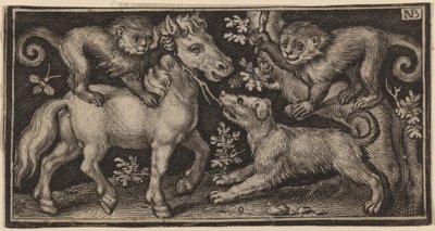 Cheval avec deux singes et un chien - Nicolaes de Bruyn