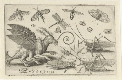 Sauterelles et créature fantastique avec ailes et nageoires (Vogels en insecten) - Nicolaes de Bruyn