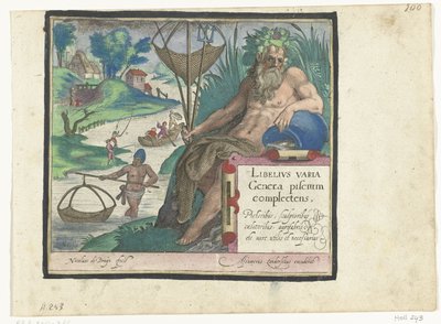 Titre avec dieu de la rivière, trident et filet de pêche dans un paysage avec des pêcheurs (Libelivs varia Genera piscium complectens) - Nicolaes de Bruyn