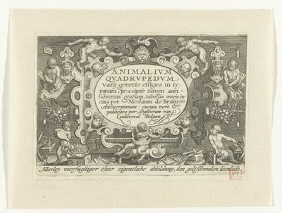 Page de titre avec titre dans une cartouche entourée de singes travaillant comme orfèvres (Animalivm qvadrvpedvm) (Animaux dans des paysages) - Nicolaes de Bruyn