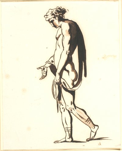 Un homme nu marchant de profil vers la gauche, avec la main droite tendue - Nicolai Abildgaard